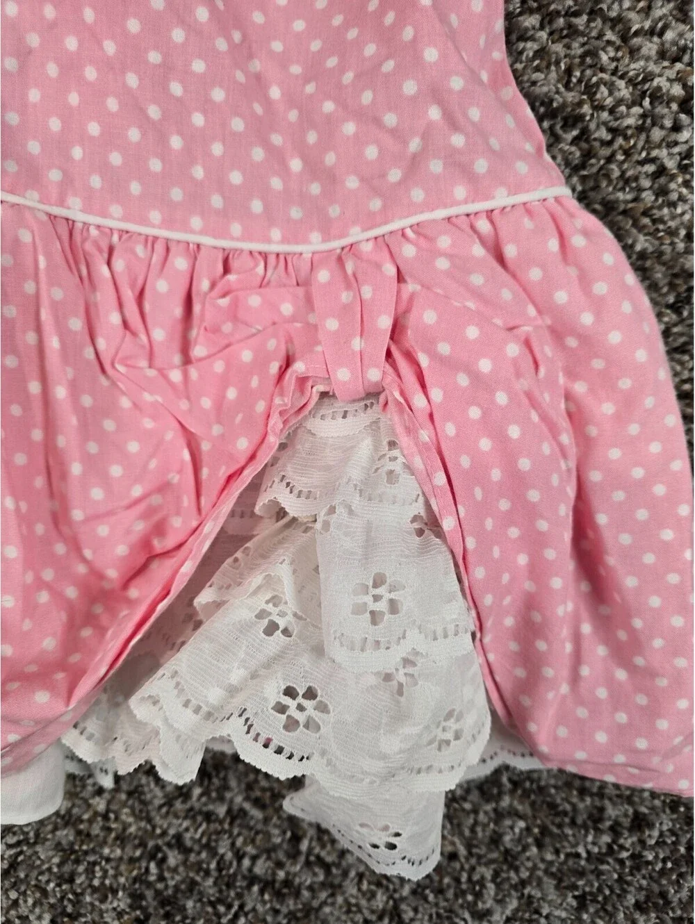 Vtg 1960s Girls Sz 6 Fashionland Dress White Pink Polka Dot Riffle Lace Pageant